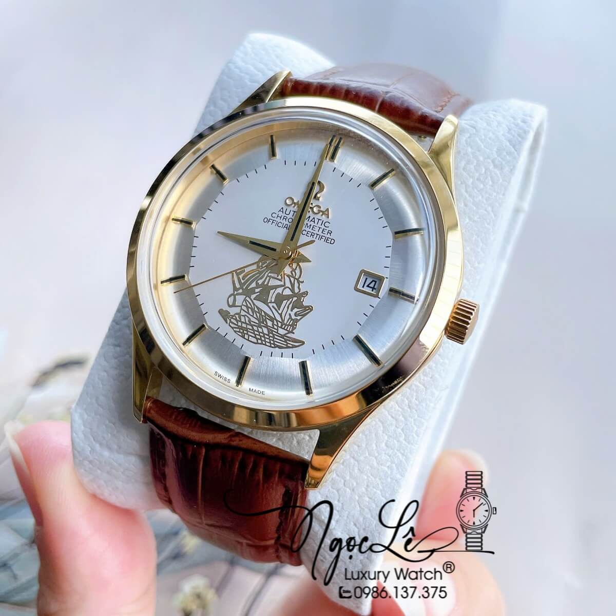 Đồng Hồ Nam Omega Thuyền Buồm Máy Cơ Tự Động Dây Da Nâu Mặt Trắng Vỏ Gold Size 40mm