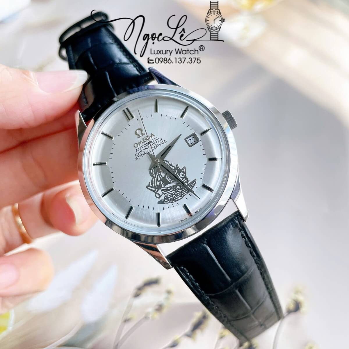 Đồng Hồ Nam Omega Thuyền Buồm Máy Cơ Tự Động Dây Da Đen Mặt Trắng Silver Size 40mm