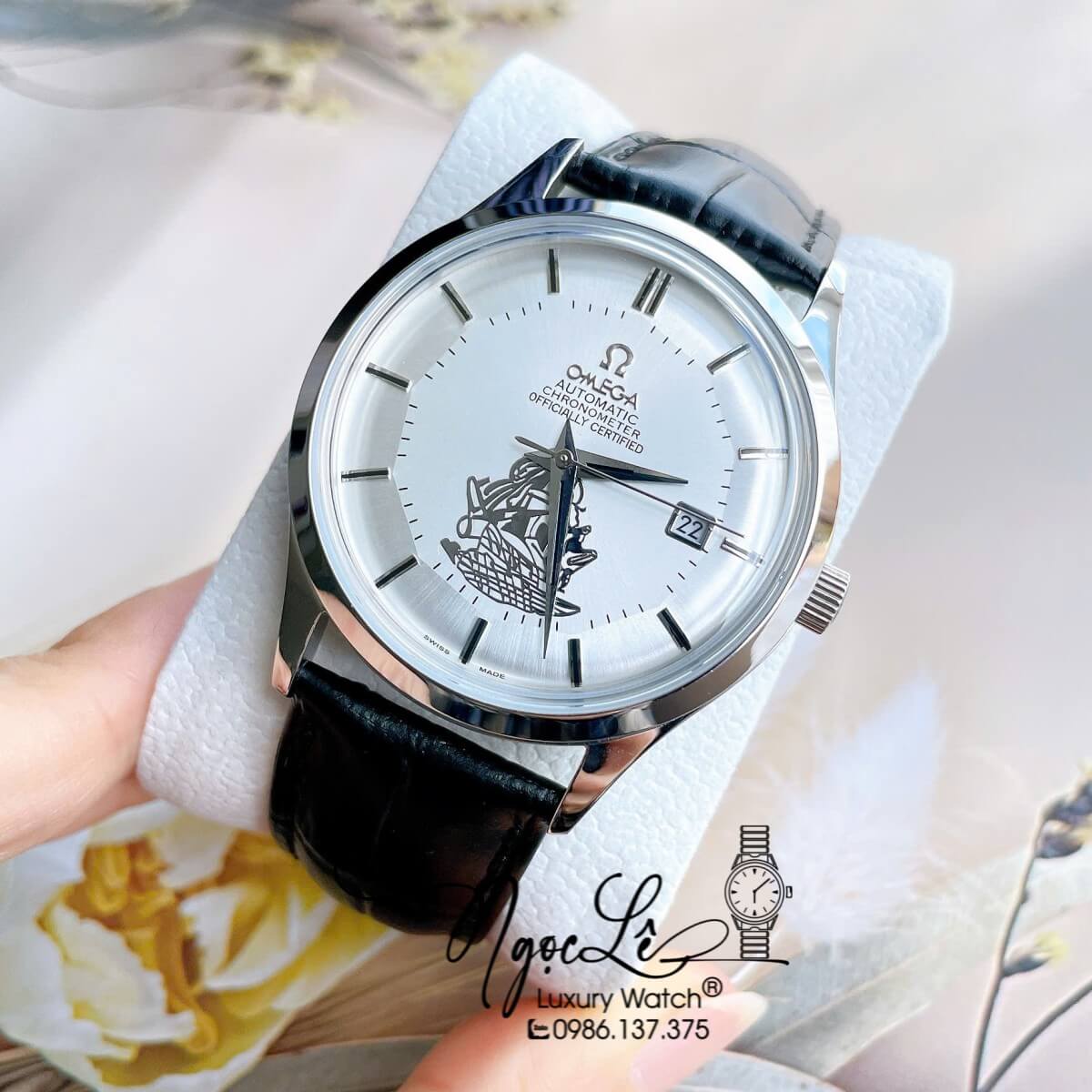 Đồng Hồ Nam Omega Thuyền Buồm Máy Cơ Tự Động Dây Da Đen Mặt Trắng Silver Size 40mm