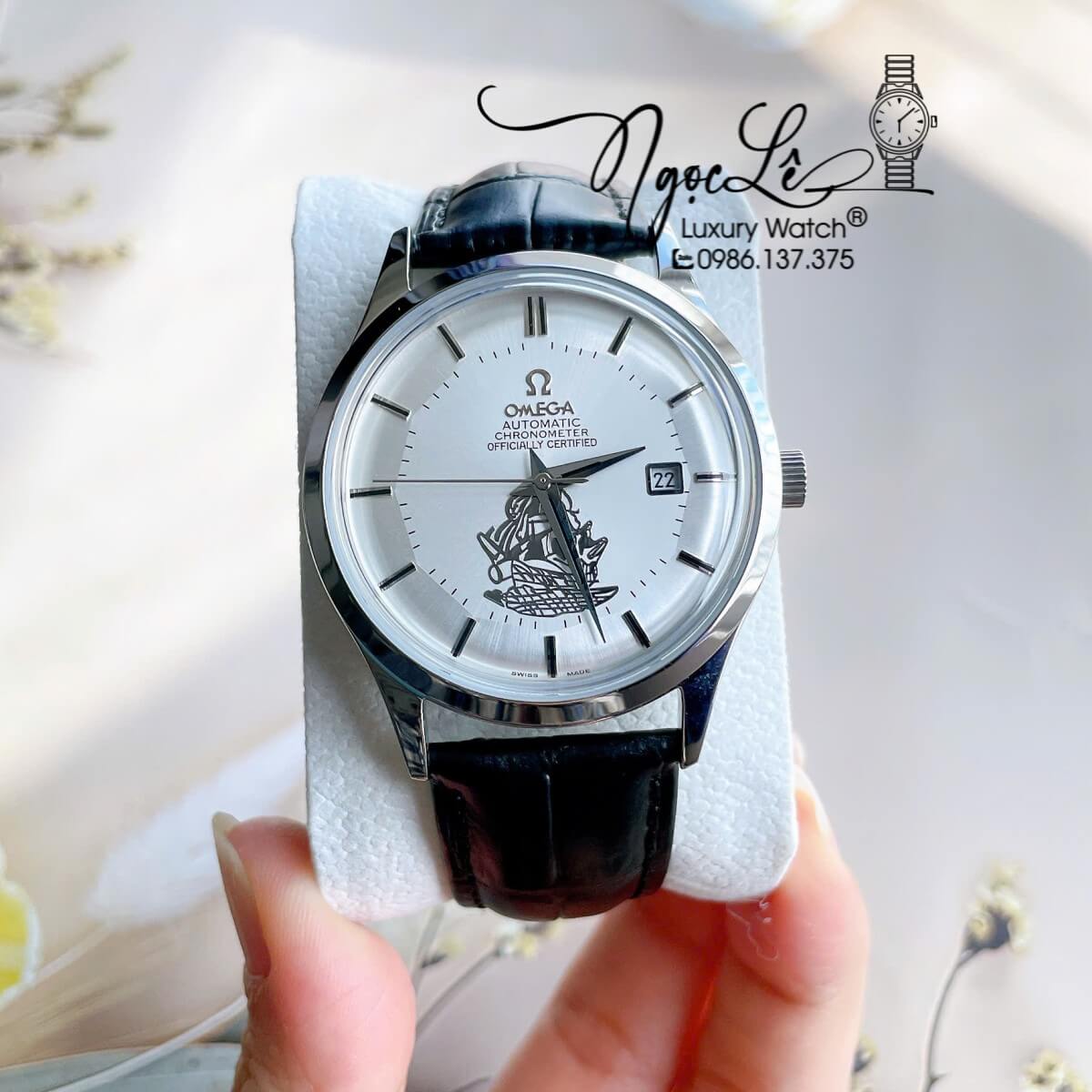 Đồng Hồ Nam Omega Thuyền Buồm Máy Cơ Tự Động Dây Da Đen Mặt Trắng Silver Size 40mm