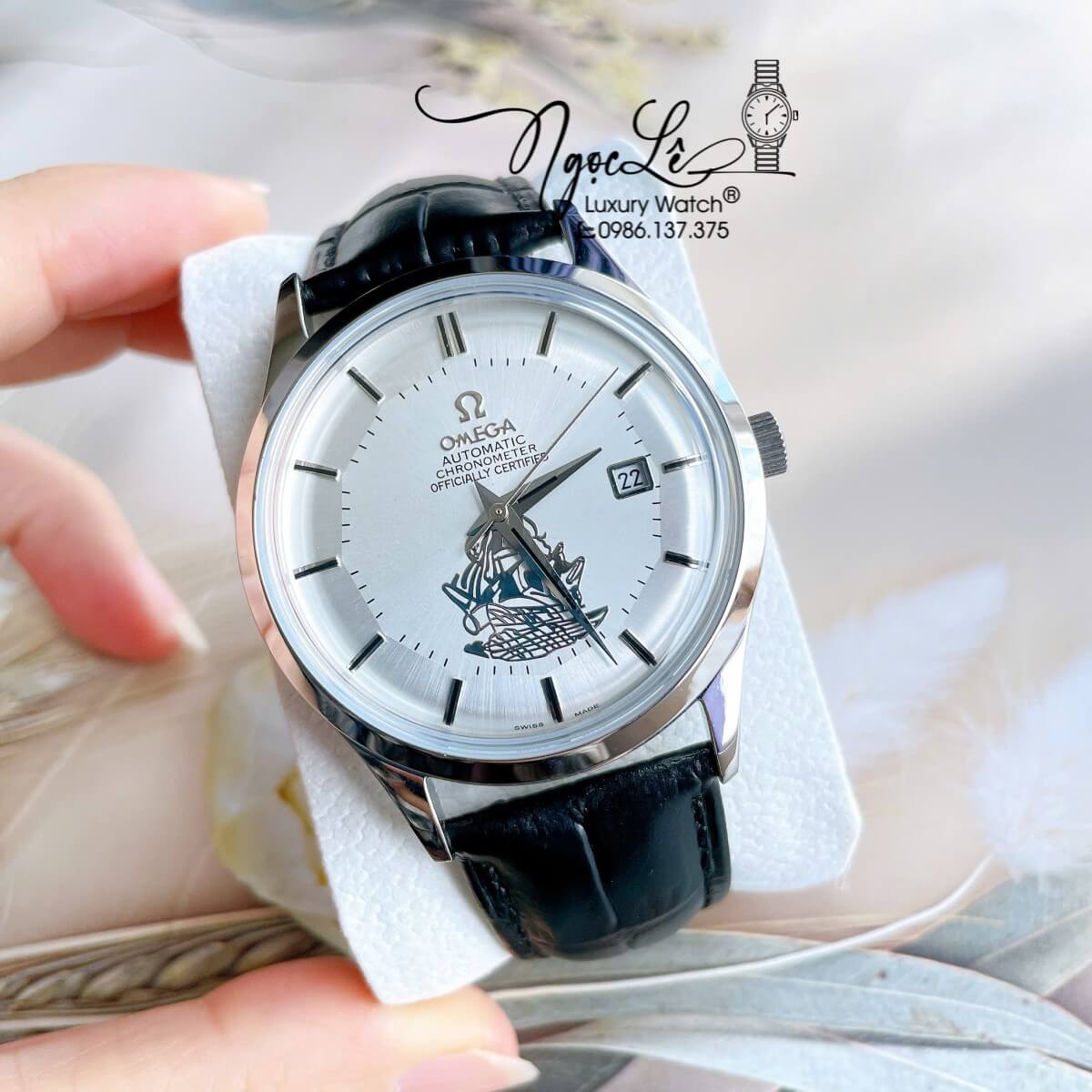 Đồng Hồ Nam Omega Thuyền Buồm Máy Cơ Tự Động Dây Da Đen Mặt Trắng Silver Size 40mm