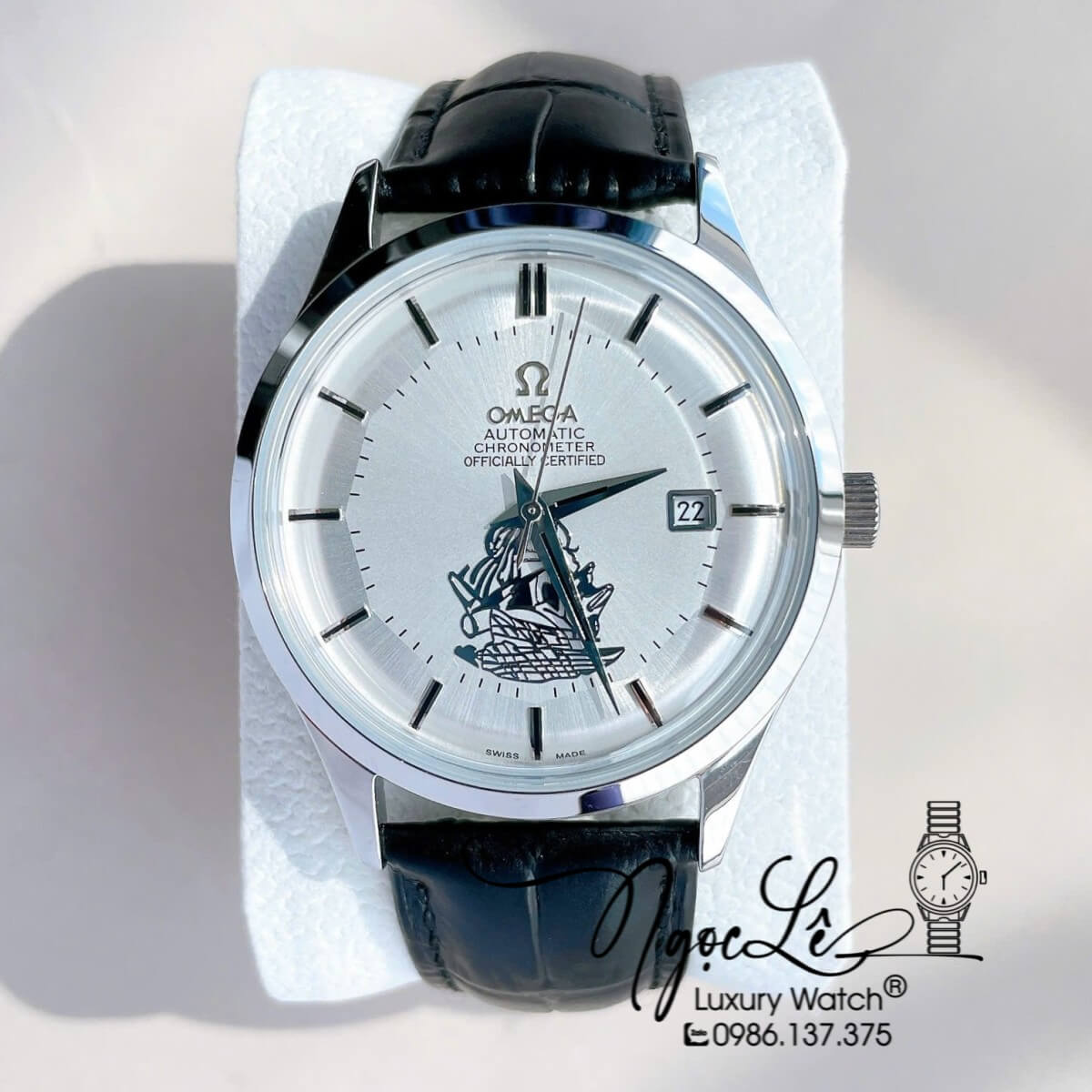 Đồng Hồ Nam Omega Thuyền Buồm Máy Cơ Tự Động Dây Da Đen Mặt Trắng Silver Size 40mm