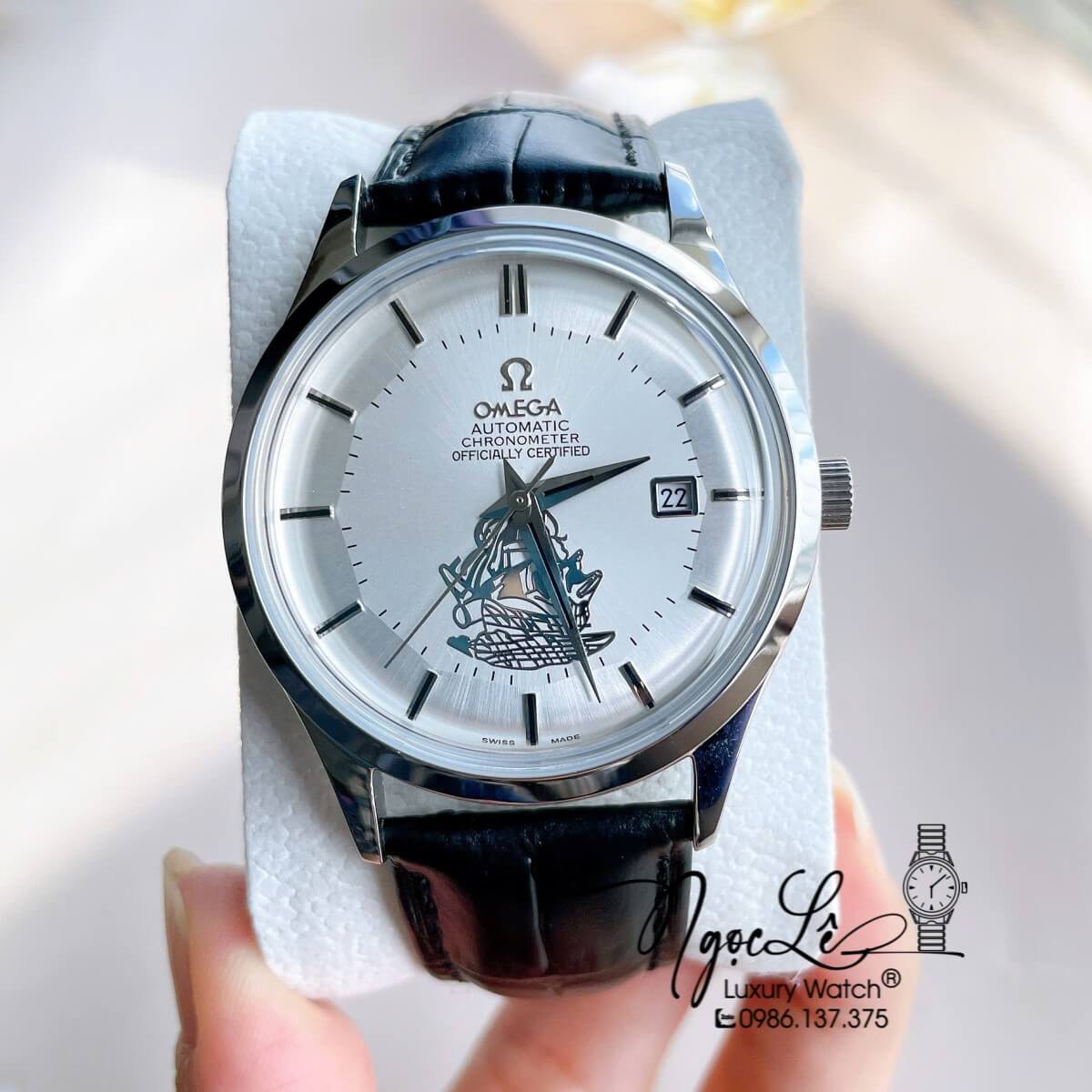 Đồng Hồ Nam Omega Thuyền Buồm Máy Cơ Tự Động Dây Da Đen Mặt Trắng Vỏ Silver Size 40mm