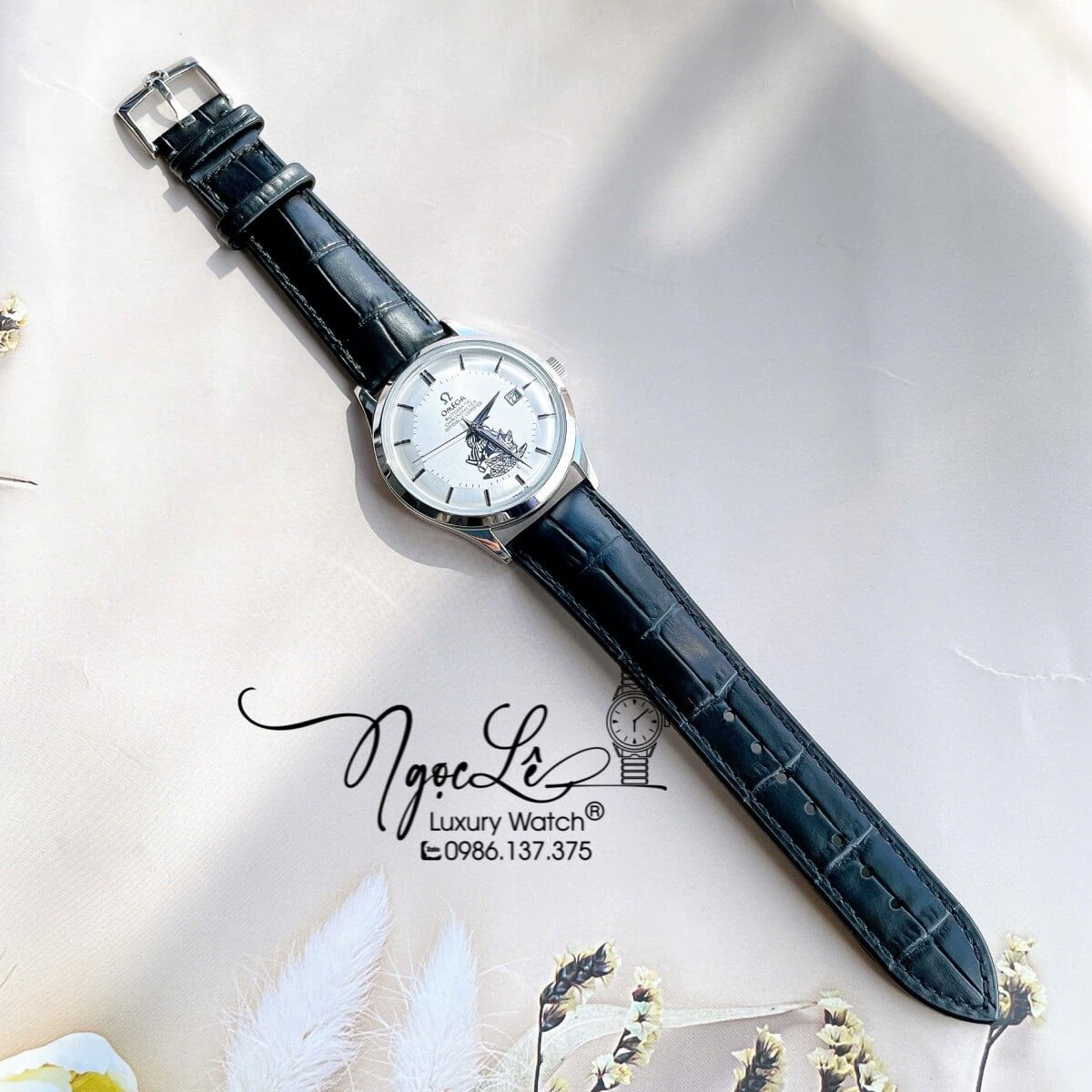 Đồng Hồ Nam Omega Thuyền Buồm Máy Cơ Tự Động Dây Da Đen Mặt Trắng Silver Size 40mm