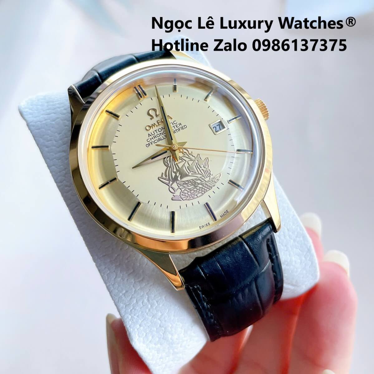 Đồng Hồ Nam Omega Thuyền Buồm Máy Cơ Tự Động Dây Da Đen Mặt Vàng Gold Size 40mm