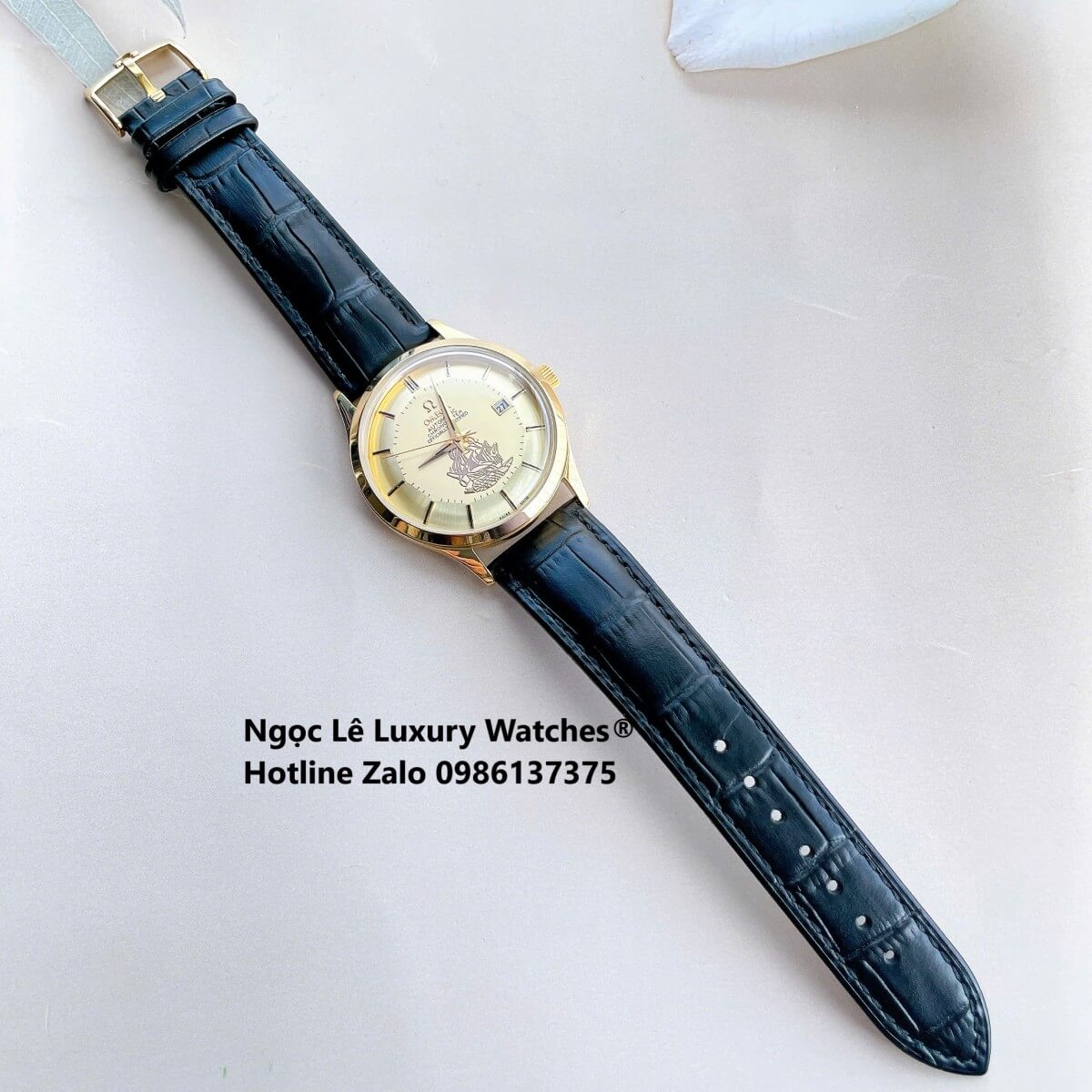 Đồng Hồ Nam Omega Thuyền Buồm Máy Cơ Tự Động Dây Da Đen Mặt Vàng Gold Size 40mm