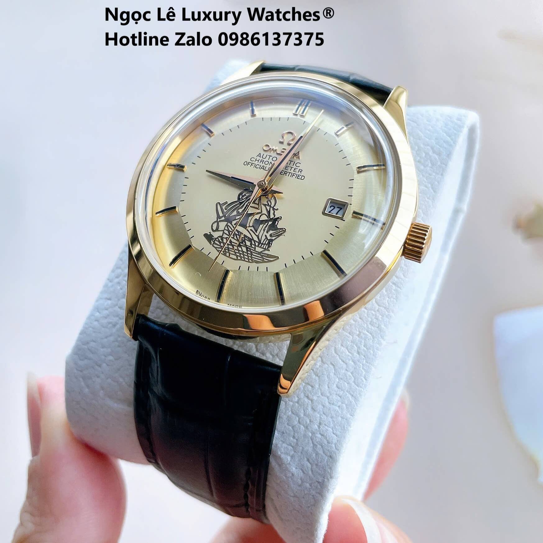 Đồng Hồ Nam Omega Thuyền Buồm Máy Cơ Tự Động Dây Da Đen Mặt Vàng Gold Size 40mm