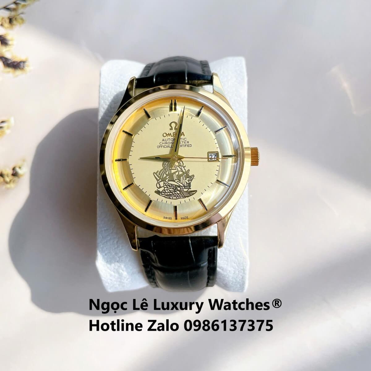 Đồng Hồ Nam Omega Thuyền Buồm Máy Cơ Tự Động Dây Da Đen Mặt Vàng Gold Size 40mm