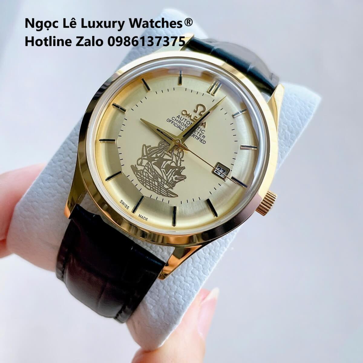 Đồng Hồ Nam Omega Thuyền Buồm Máy Cơ Tự Động Dây Da Đen Mặt Vàng Gold Size 40mm