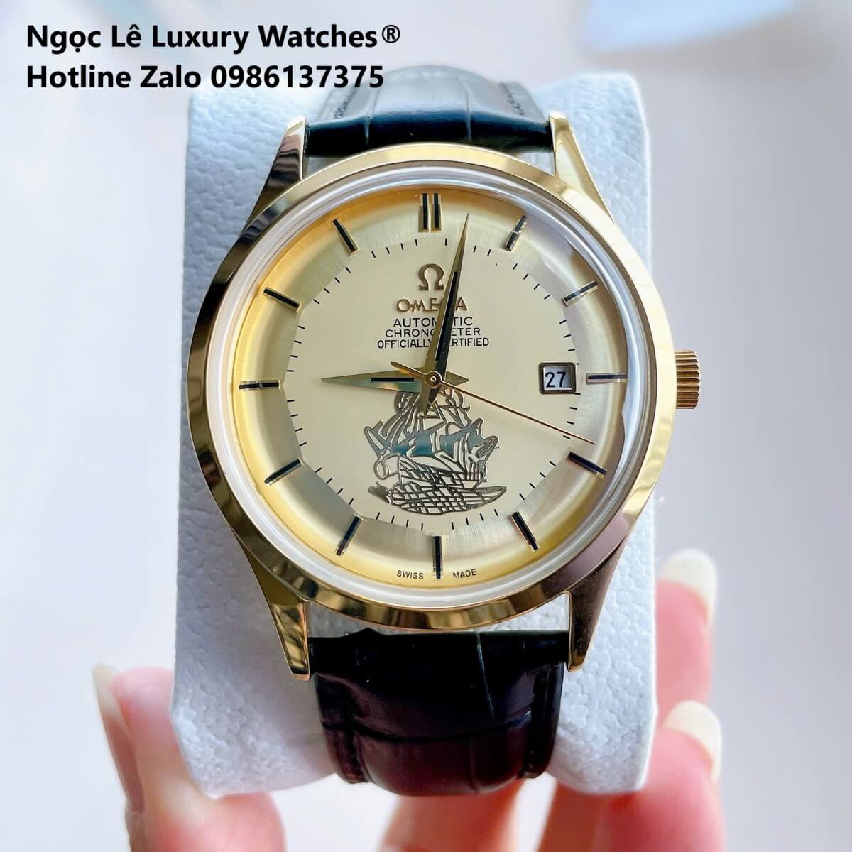 Đồng Hồ Nam Omega Thuyền Buồm Máy Cơ Tự Động Dây Da Đen Mặt Vàng Gold Size 40mm