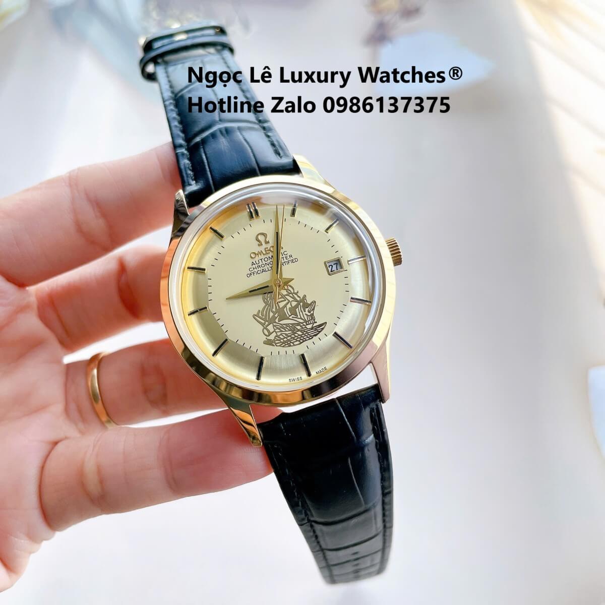 Đồng Hồ Nam Omega Thuyền Buồm Máy Cơ Tự Động Dây Da Đen Mặt Vàng Gold Size 40mm
