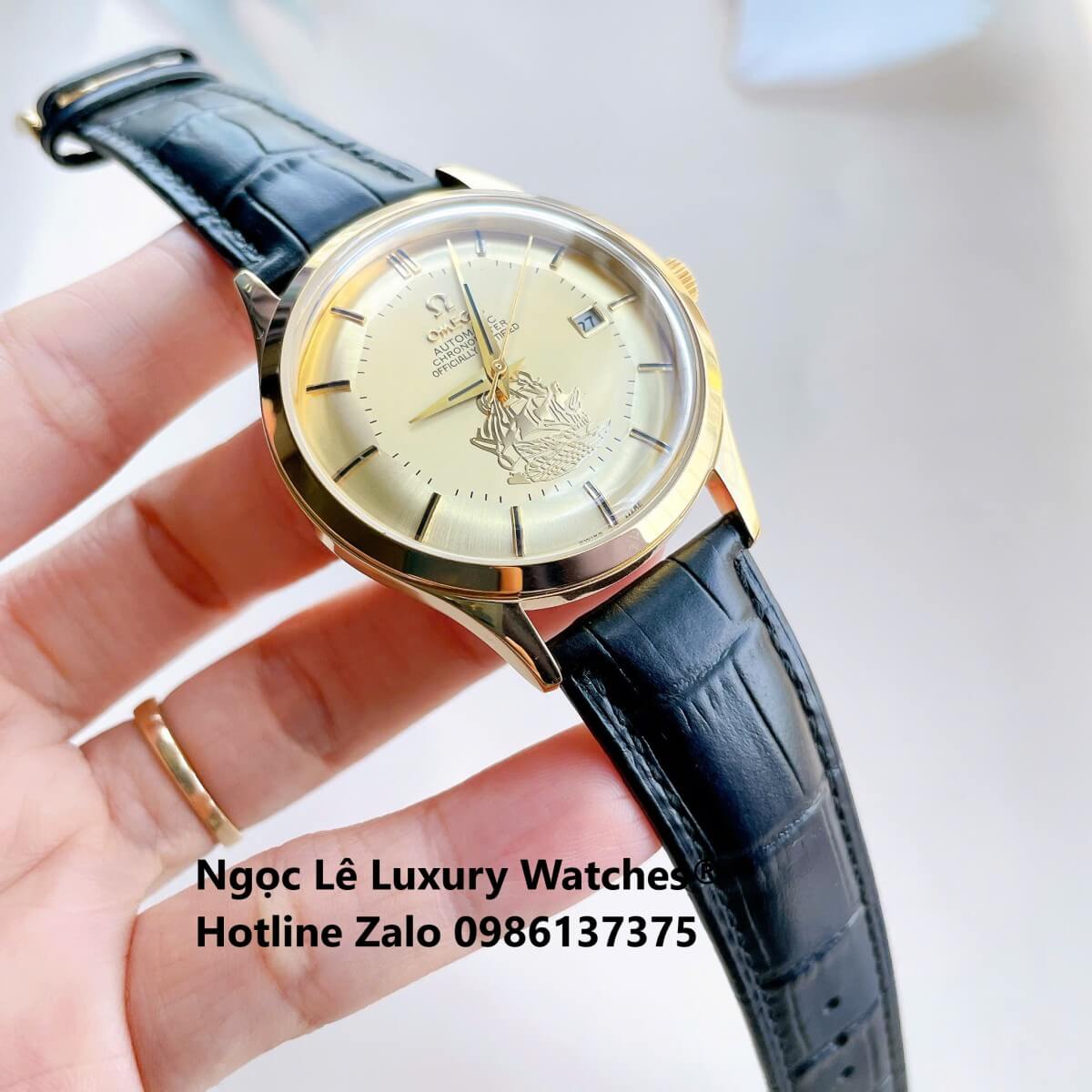 Đồng Hồ Nam Omega Thuyền Buồm Máy Cơ Tự Động Dây Da Đen Mặt Vàng Gold Size 40mm