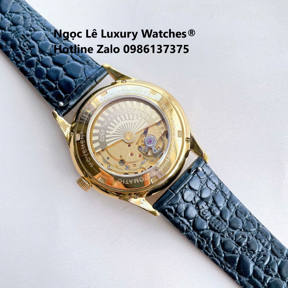 Đồng Hồ Nam Omega Thuyền Buồm Máy Cơ Tự Động Dây Da Đen Mặt Vàng Gold Size 40mm