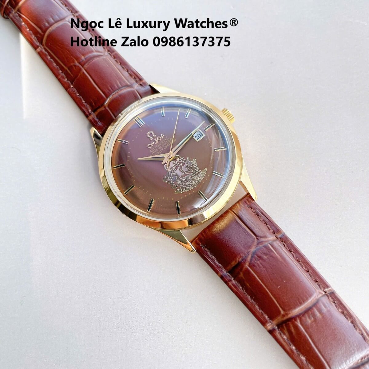 Đồng Hồ Nam Omega Thuyền Buồm Máy Cơ Tự Động Dây Da Nâu Mặt Nâu Vỏ Gold Size 40mm