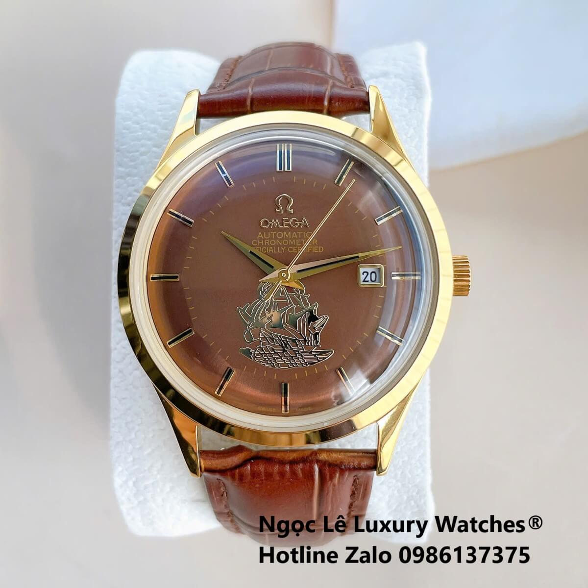 Đồng Hồ Nam Omega Thuyền Buồm Tự Động Dây Da Nâu Chocolate Vỏ Gold Size 40mm