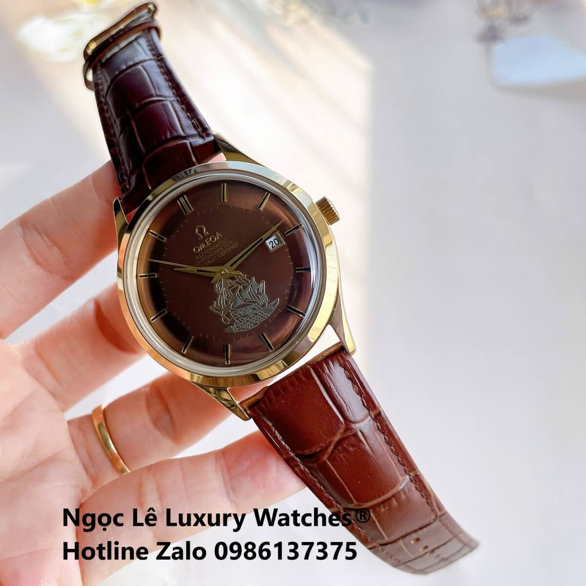 Đồng Hồ Nam Omega Thuyền Buồm Máy Cơ Tự Động Dây Da Nâu Mặt Nâu Vỏ Gold Size 40mm