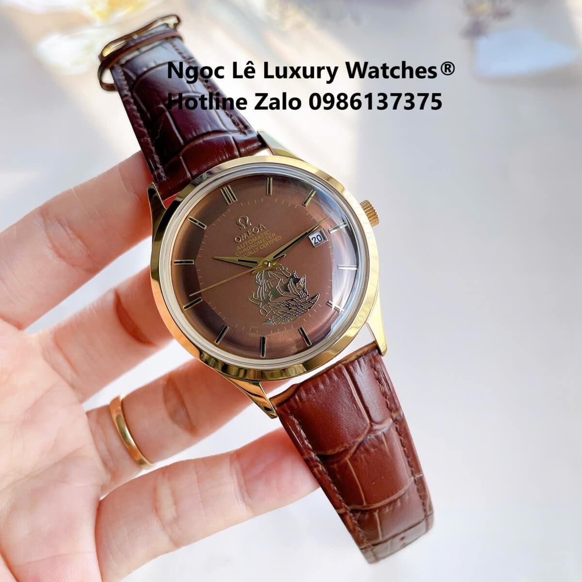 Đồng Hồ Nam Omega Thuyền Buồm Máy Cơ Tự Động Dây Da Nâu Mặt Nâu Vỏ Gold Size 40mm