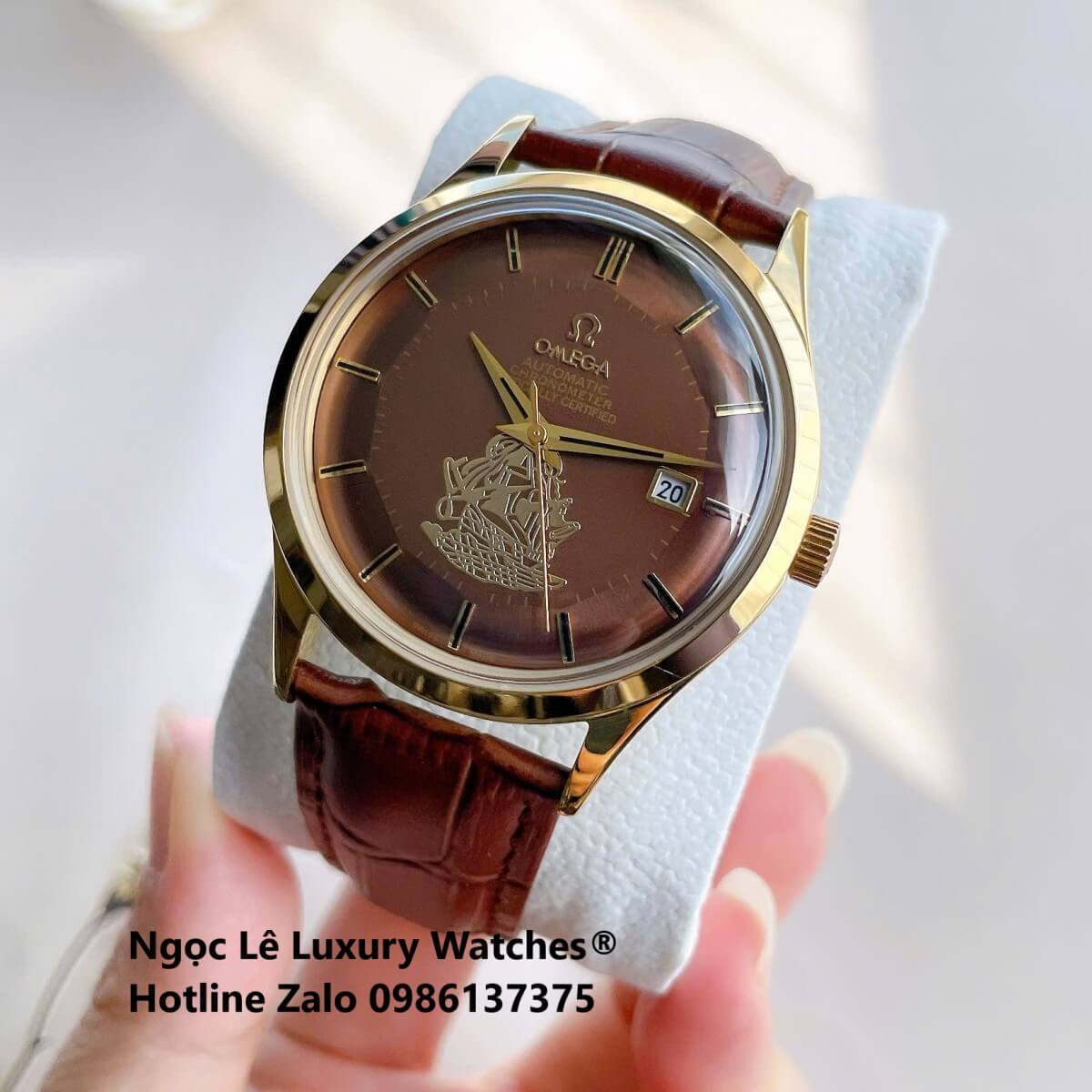 Đồng Hồ Nam Omega Thuyền Buồm Máy Cơ Tự Động Dây Da Nâu Mặt Nâu Vỏ Gold Size 40mm