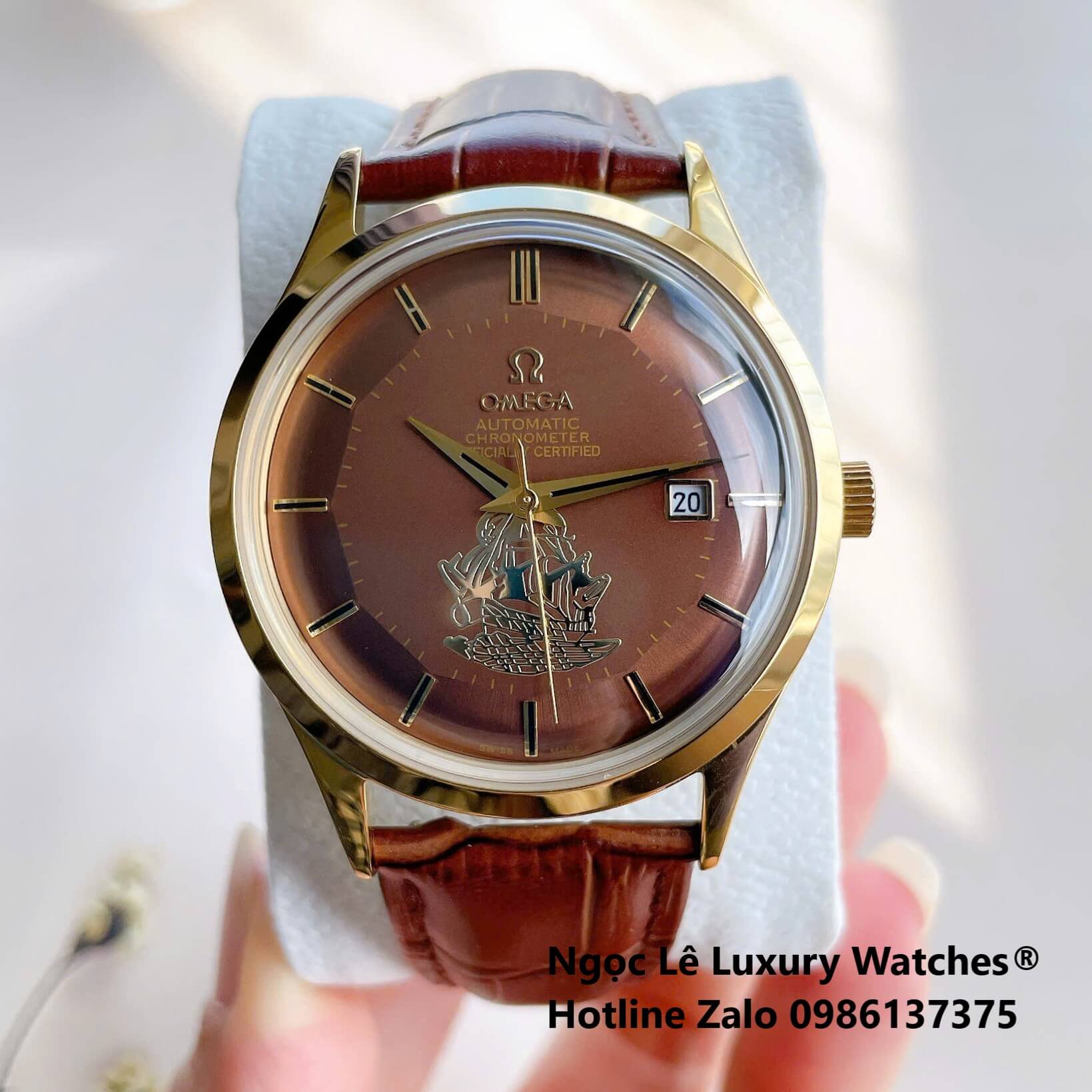 Đồng Hồ Nam Omega Thuyền Buồm Máy Cơ Tự Động Dây Da Nâu Mặt Nâu Vỏ Gold Size 40mm