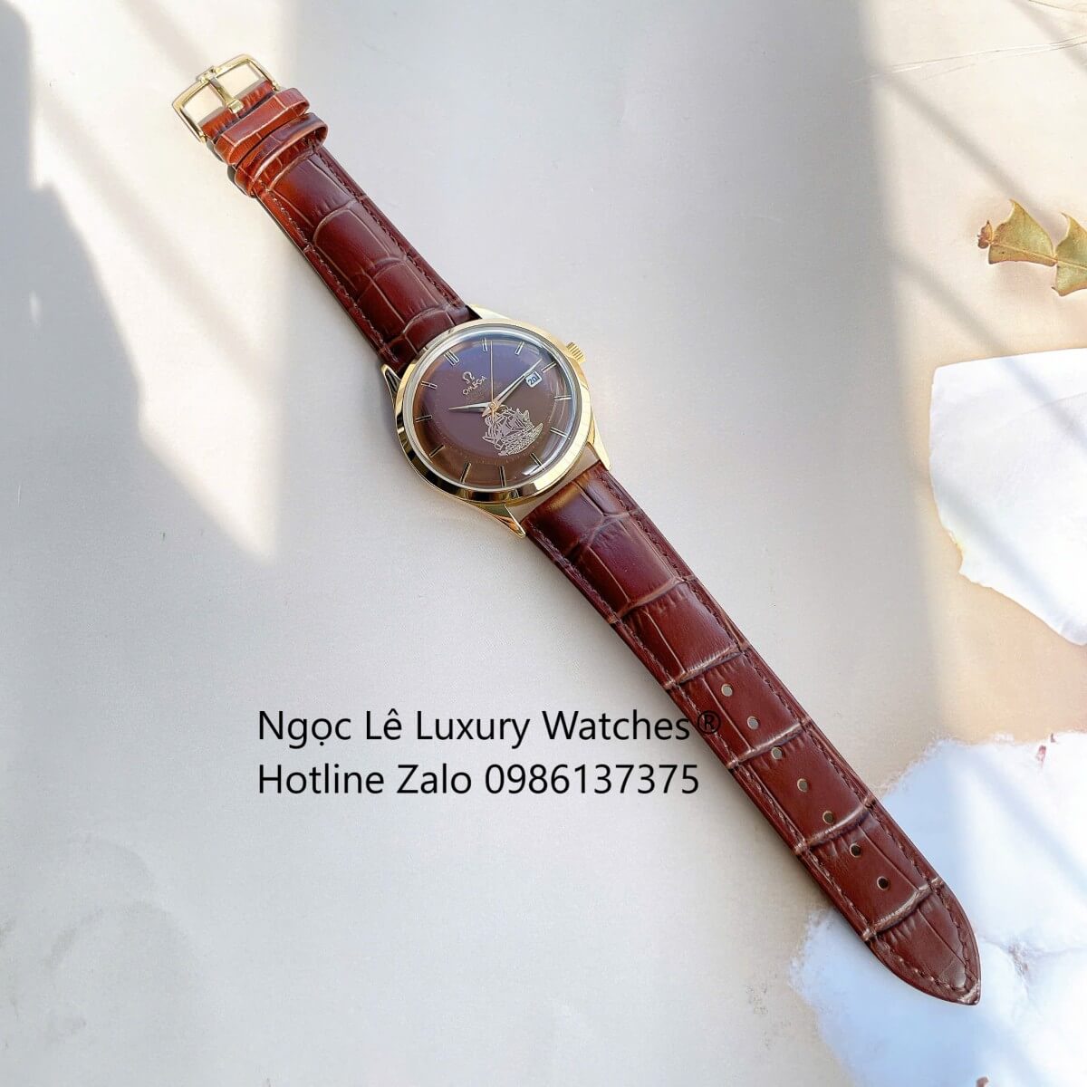 Đồng Hồ Nam Omega Thuyền Buồm Máy Cơ Tự Động Dây Da Nâu Mặt Nâu Vỏ Gold Size 40mm