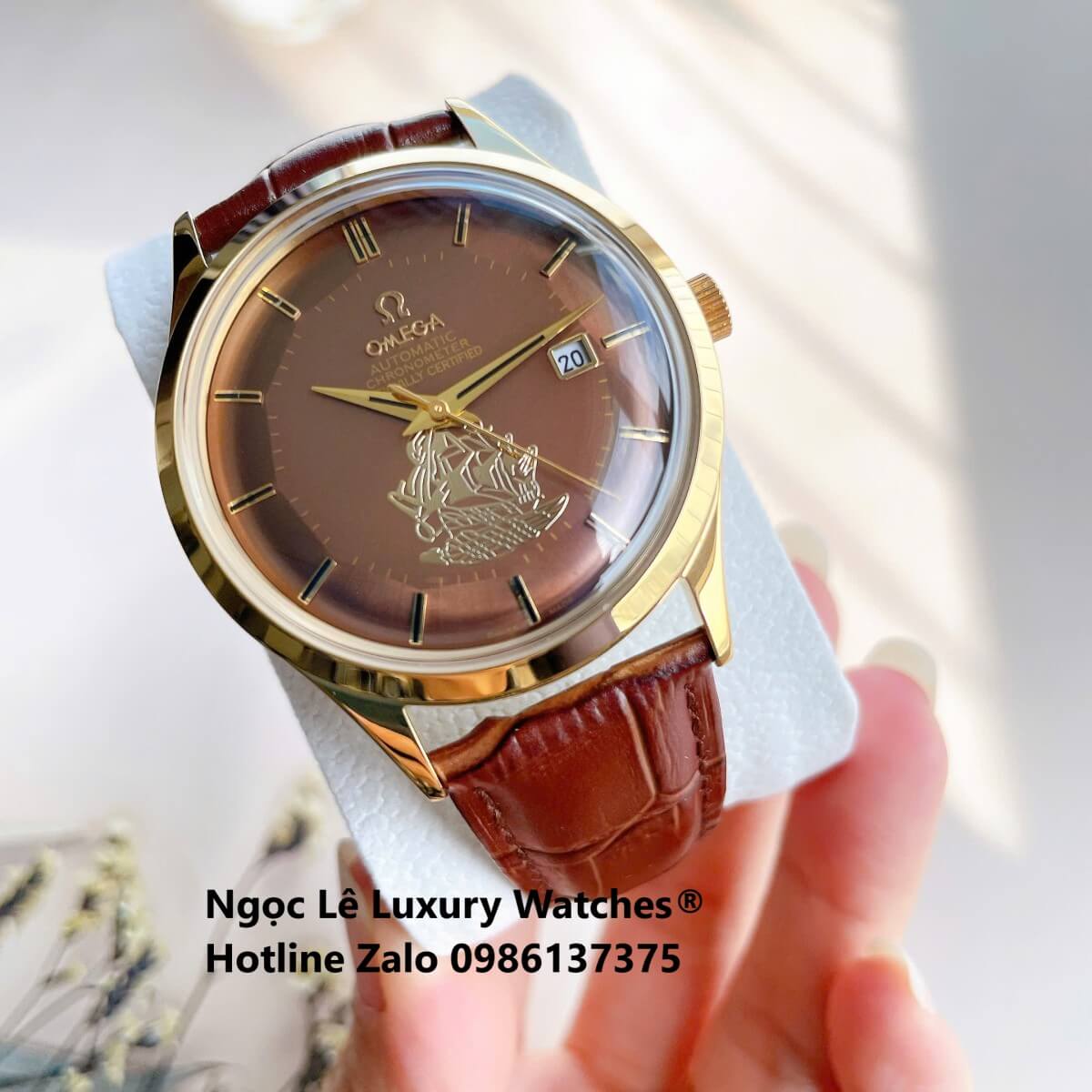 Đồng Hồ Nam Omega Thuyền Buồm Máy Cơ Tự Động Dây Da Nâu Mặt Nâu Vỏ Gold Size 40mm