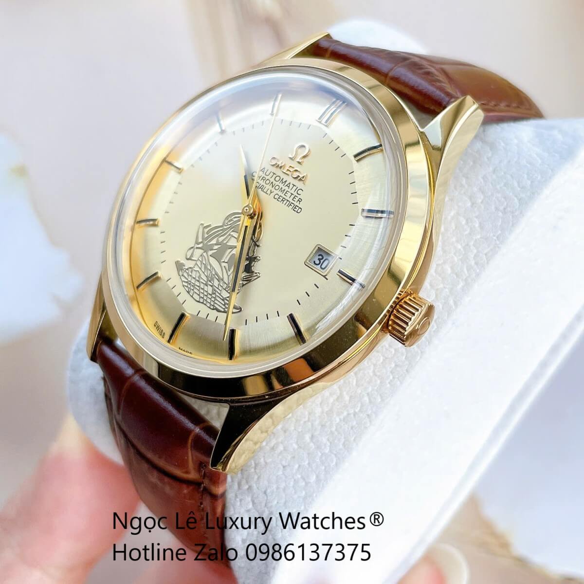 Đồng Hồ Nam Omega Thuyền Buồm Máy Cơ Tự Động Dây Da Nâu Mặt Vàng Gold Size 40mm