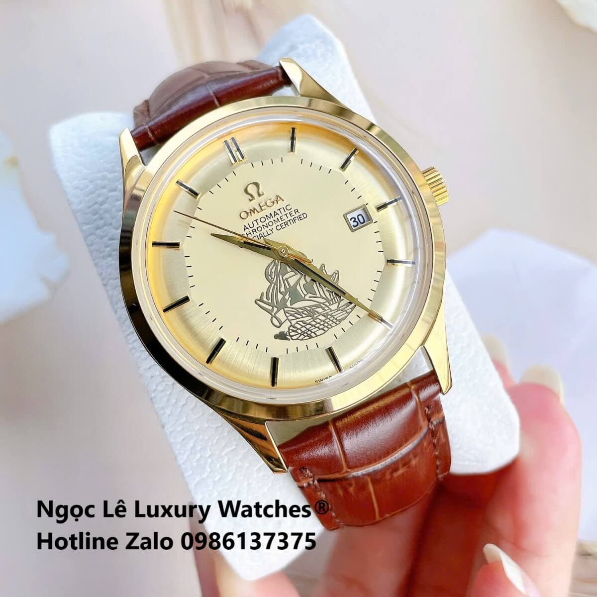 Đồng Hồ Nam Omega Thuyền Buồm Máy Cơ Tự Động Dây Da Nâu Mặt Vàng Gold Size 40mm