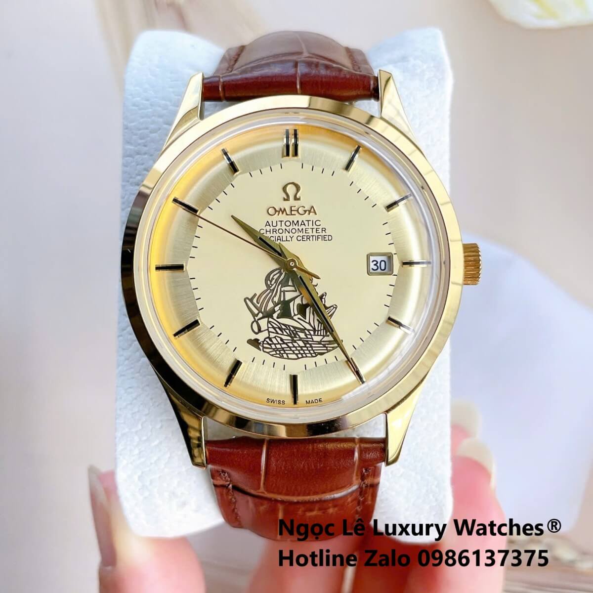Đồng Hồ Nam Omega Thuyền Buồm Máy Cơ Tự Động Dây Da Nâu Mặt Vàng Gold Size 40mm