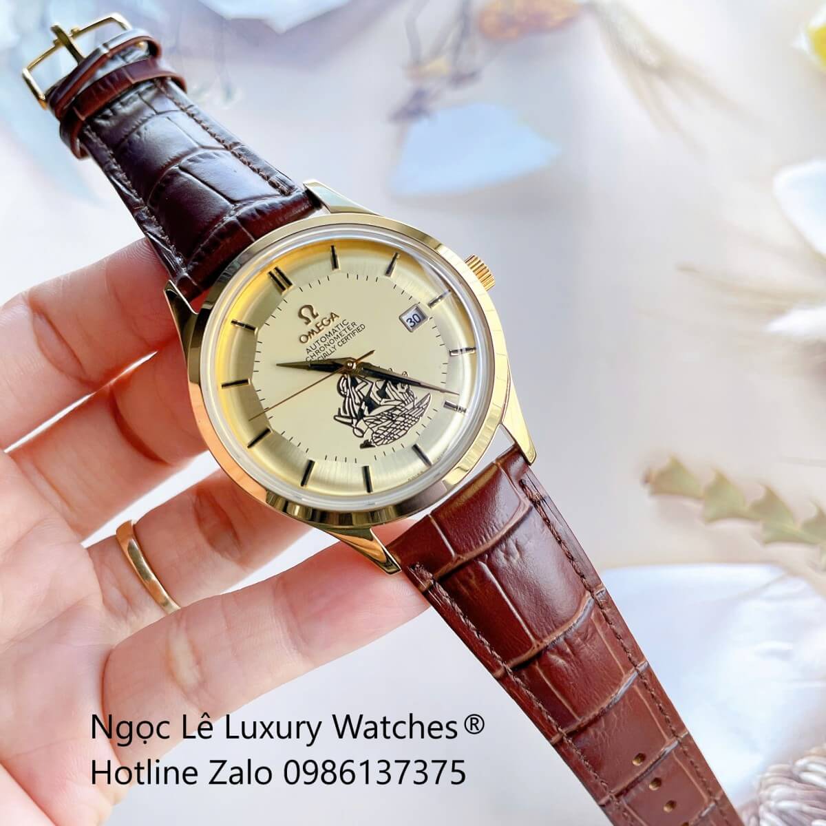 Đồng Hồ Nam Omega Thuyền Buồm Máy Cơ Tự Động Dây Da Nâu Mặt Vàng Gold Size 40mm