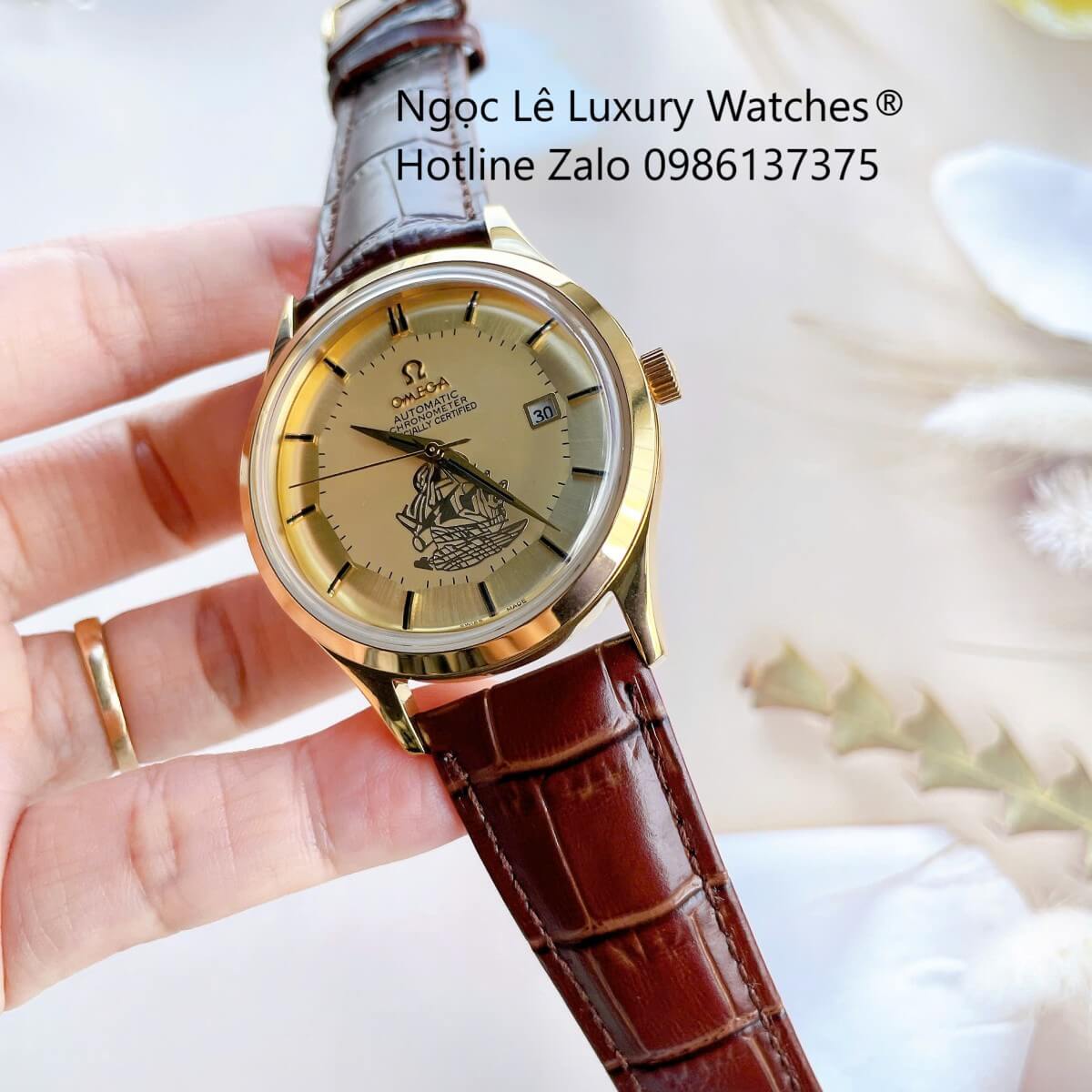 Đồng Hồ Nam Omega Thuyền Buồm Máy Cơ Tự Động Dây Da Nâu Mặt Vàng Gold Size 40mm