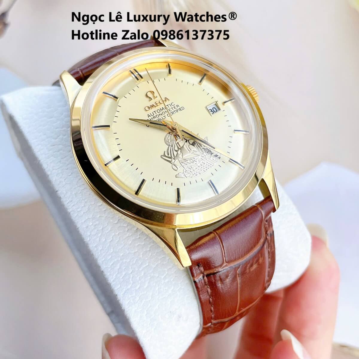 Đồng Hồ Nam Omega Thuyền Buồm Máy Cơ Tự Động Dây Da Nâu Mặt Vàng Gold Size 40mm