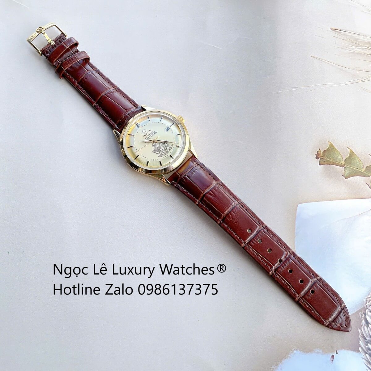 Đồng Hồ Nam Omega Thuyền Buồm Máy Cơ Tự Động Dây Da Nâu Mặt Vàng Gold Size 40mm