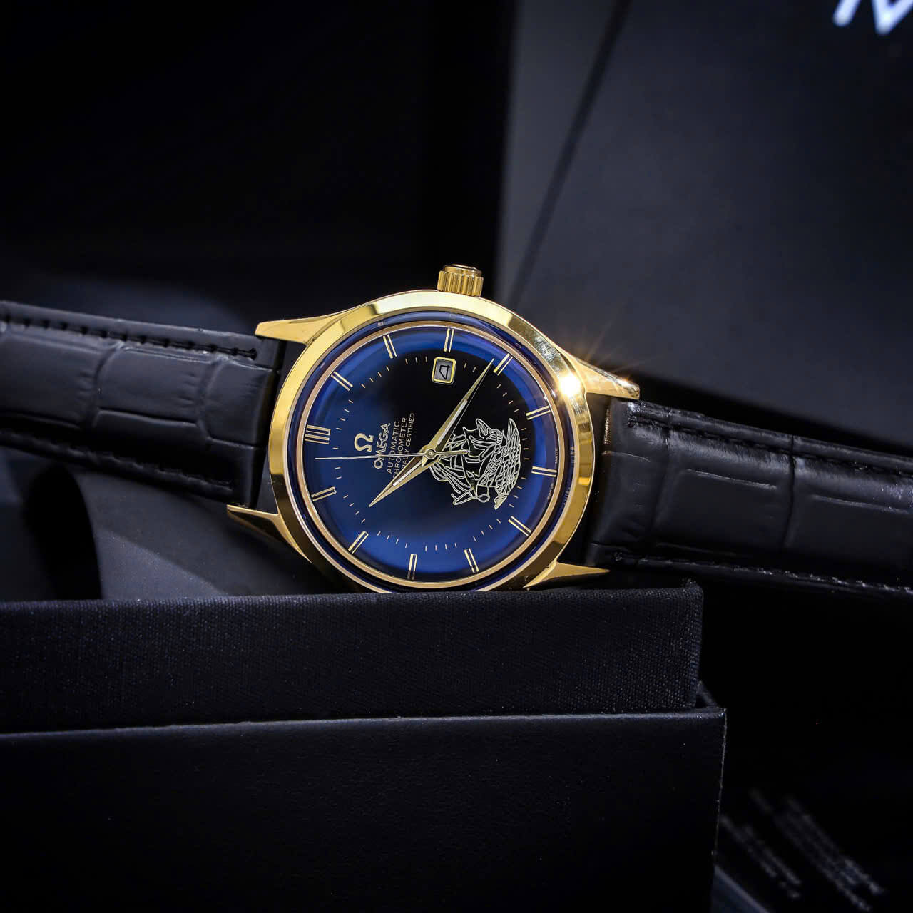 Đồng Hồ Nam Omega Thuyền Buồm Tự Động Dây Da Đen Vỏ Gold Size 40mm