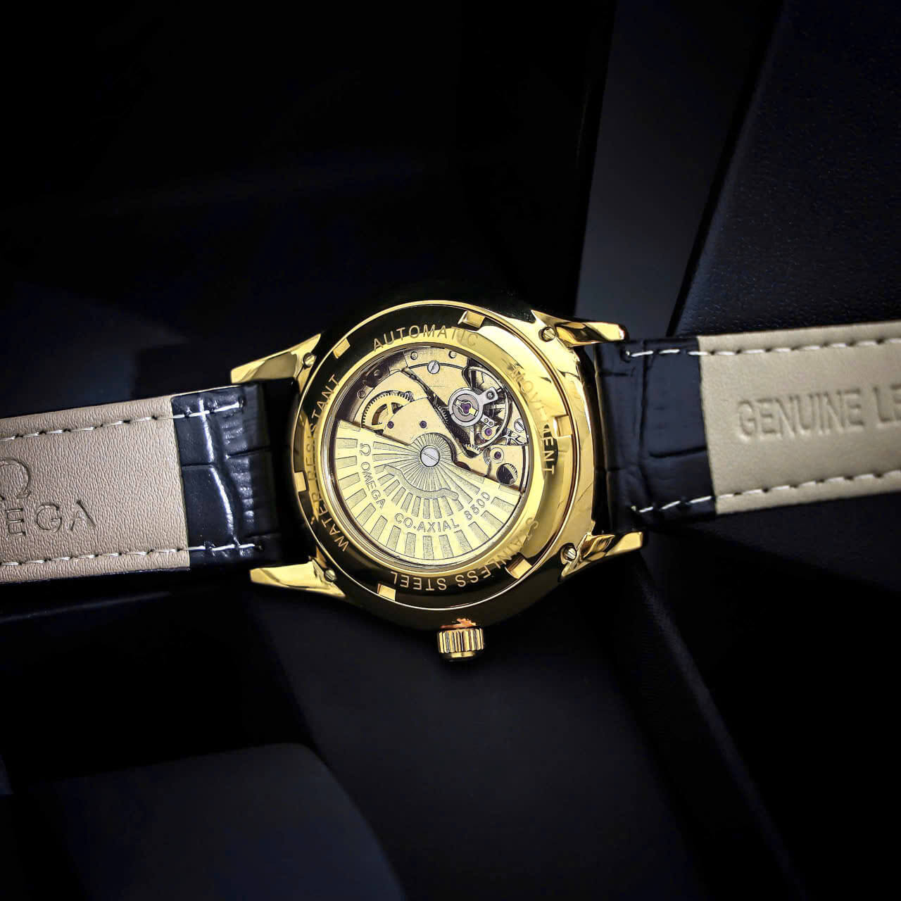 Đồng Hồ Nam Omega Thuyền Buồm Tự Động Dây Da Đen Vỏ Gold Size 40mm
