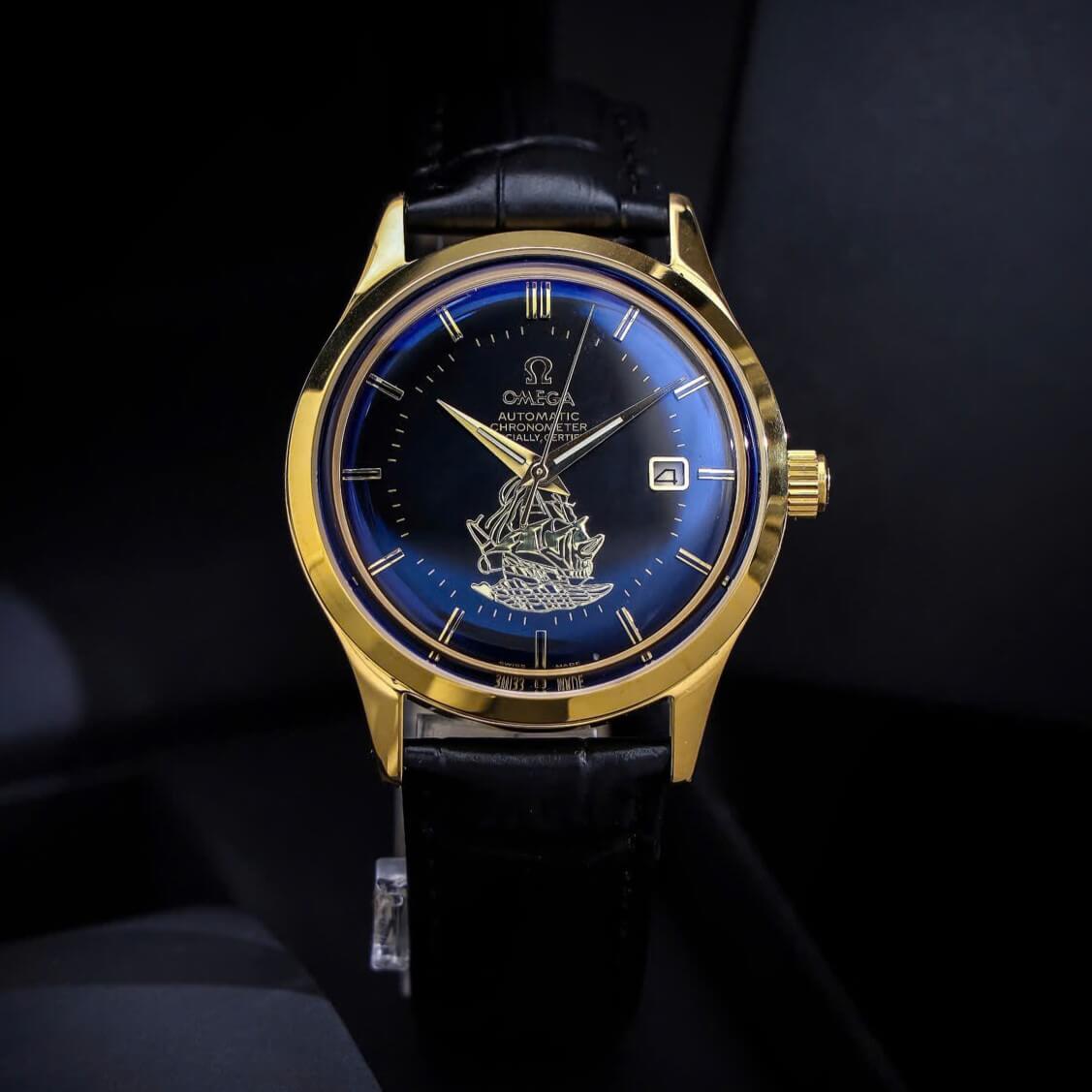 Đồng Hồ Nam Omega Thuyền Buồm Tự Động Dây Da Đen Vỏ Gold Size 40mm