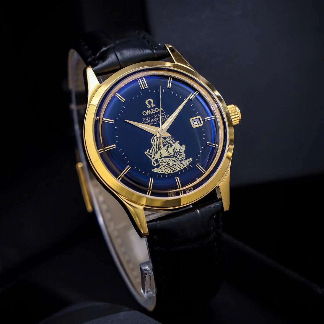 Đồng Hồ Nam Omega Thuyền Buồm Tự Động Dây Da Đen Vỏ Gold Size 40mm