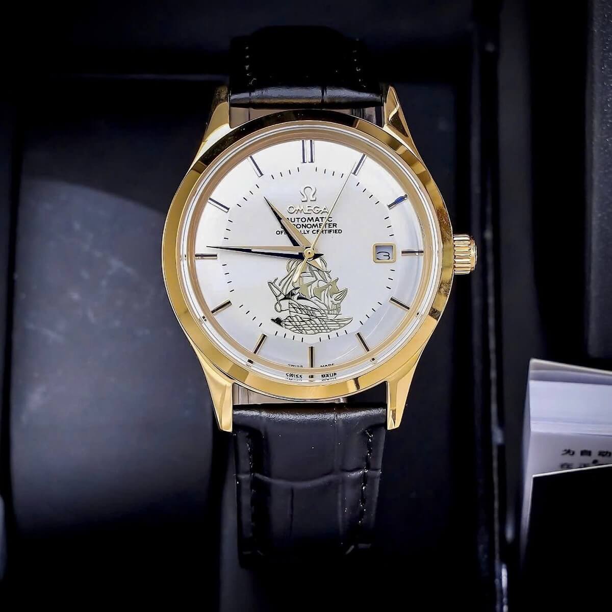 Đồng Hồ Nam Omega Thuyền Buồm Tự Động Dây Da Đen Vỏ Gold White Size 40mm