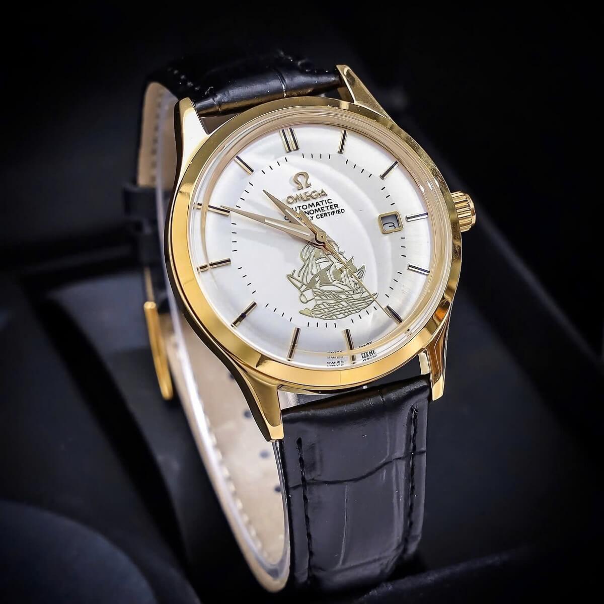 Đồng Hồ Nam Omega Thuyền Buồm Tự Động Dây Da Đen Vỏ Gold White Size 40mm