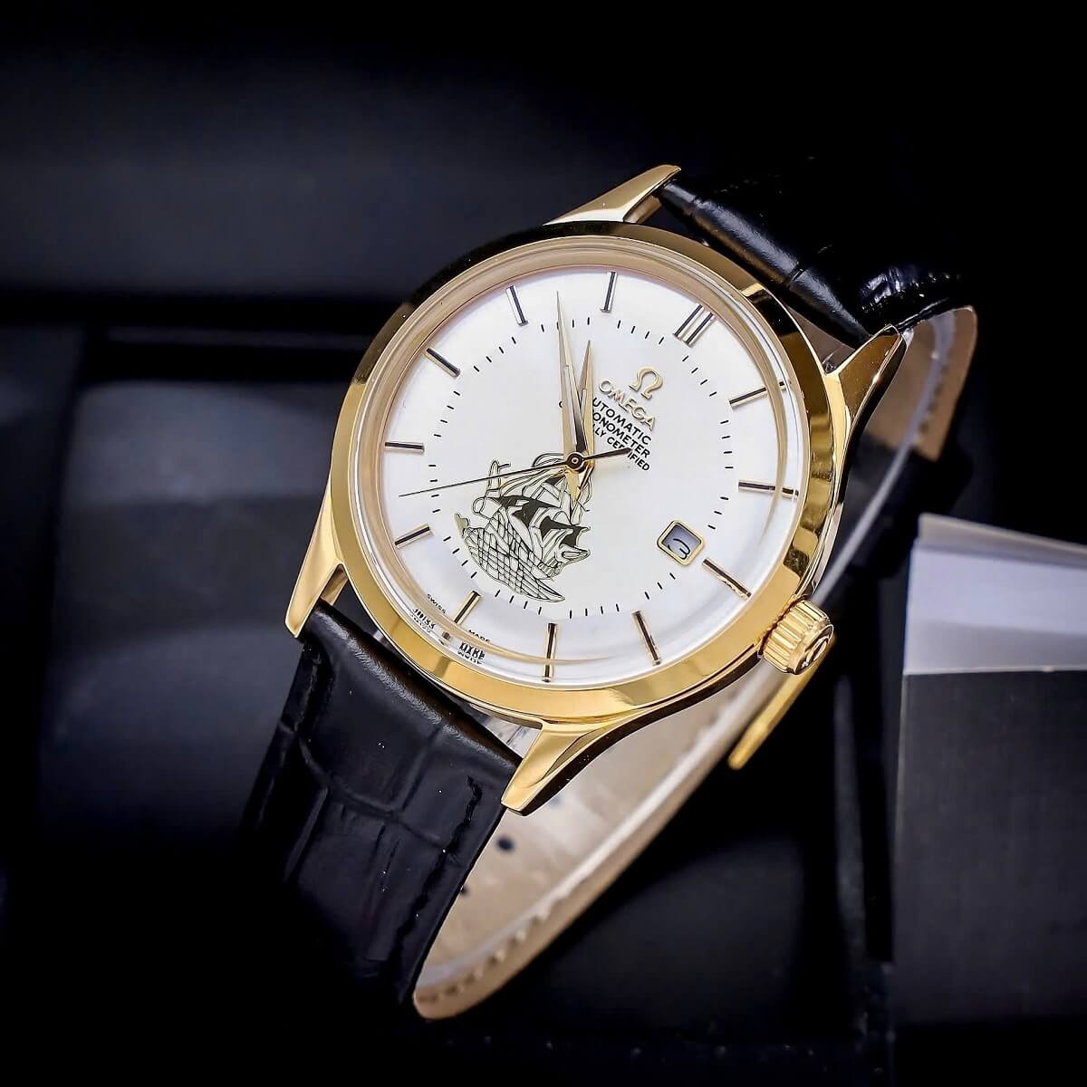 Đồng Hồ Nam Omega Thuyền Buồm Tự Động Dây Da Đen Vỏ Gold White Size 40mm