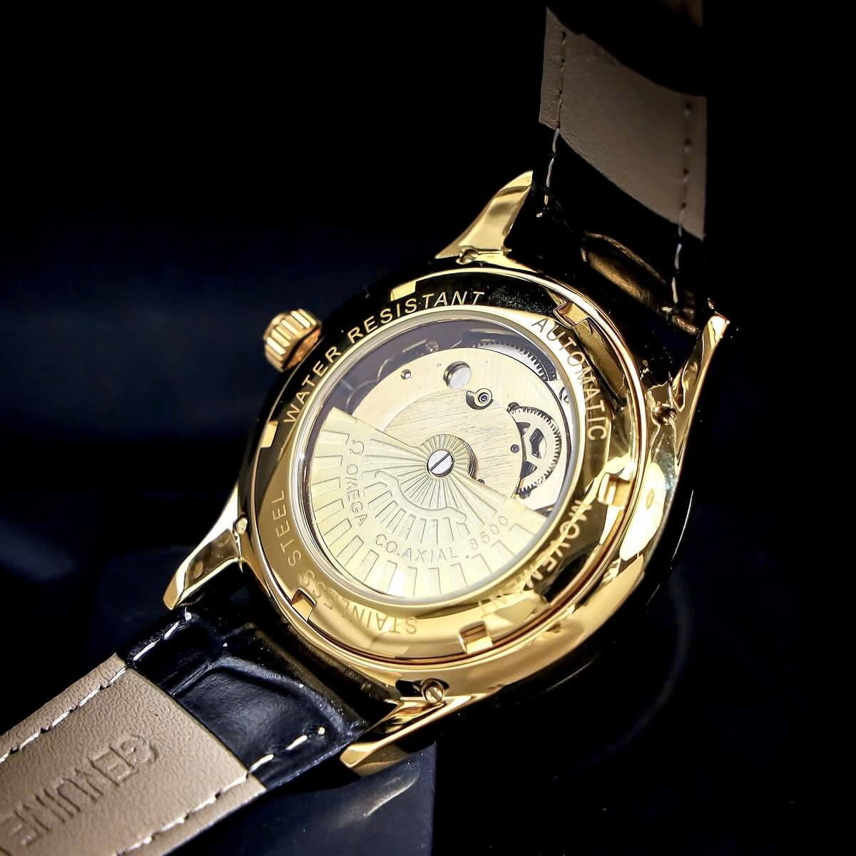 Đồng Hồ Nam Omega Thuyền Buồm Tự Động Dây Da Đen Vỏ Gold White Size 40mm