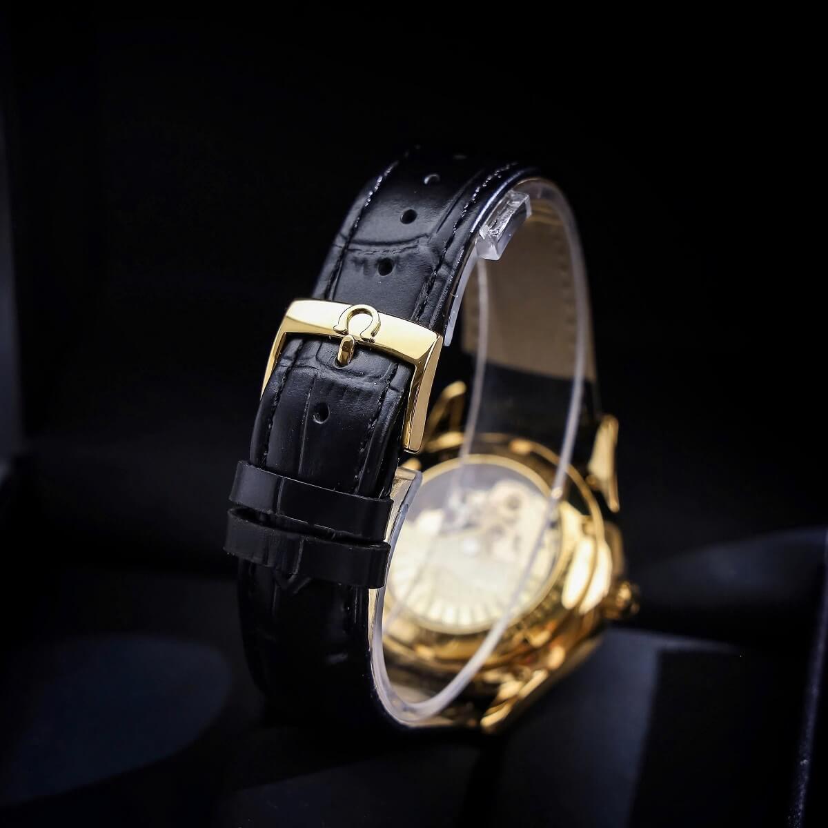 Đồng Hồ Nam Omega Thuyền Buồm Tự Động Dây Da Đen Vỏ Gold White Size 40mm