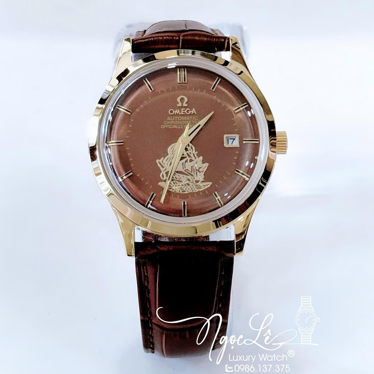 Đồng Hồ Nam Omega Thuyền Buồm Tự Động Dây Da Nâu Chocolate Vỏ Gold Size 40mm