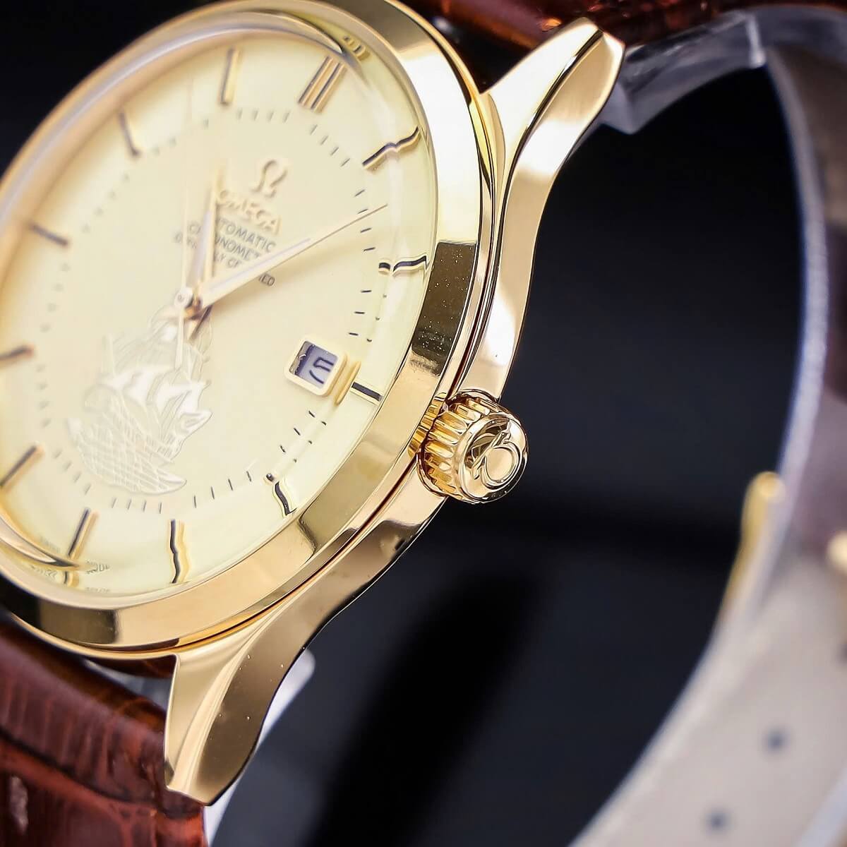 Đồng Hồ Nam Omega Thuyền Buồm Tự Động Dây Da Nâu Vỏ Gold Size 40mm