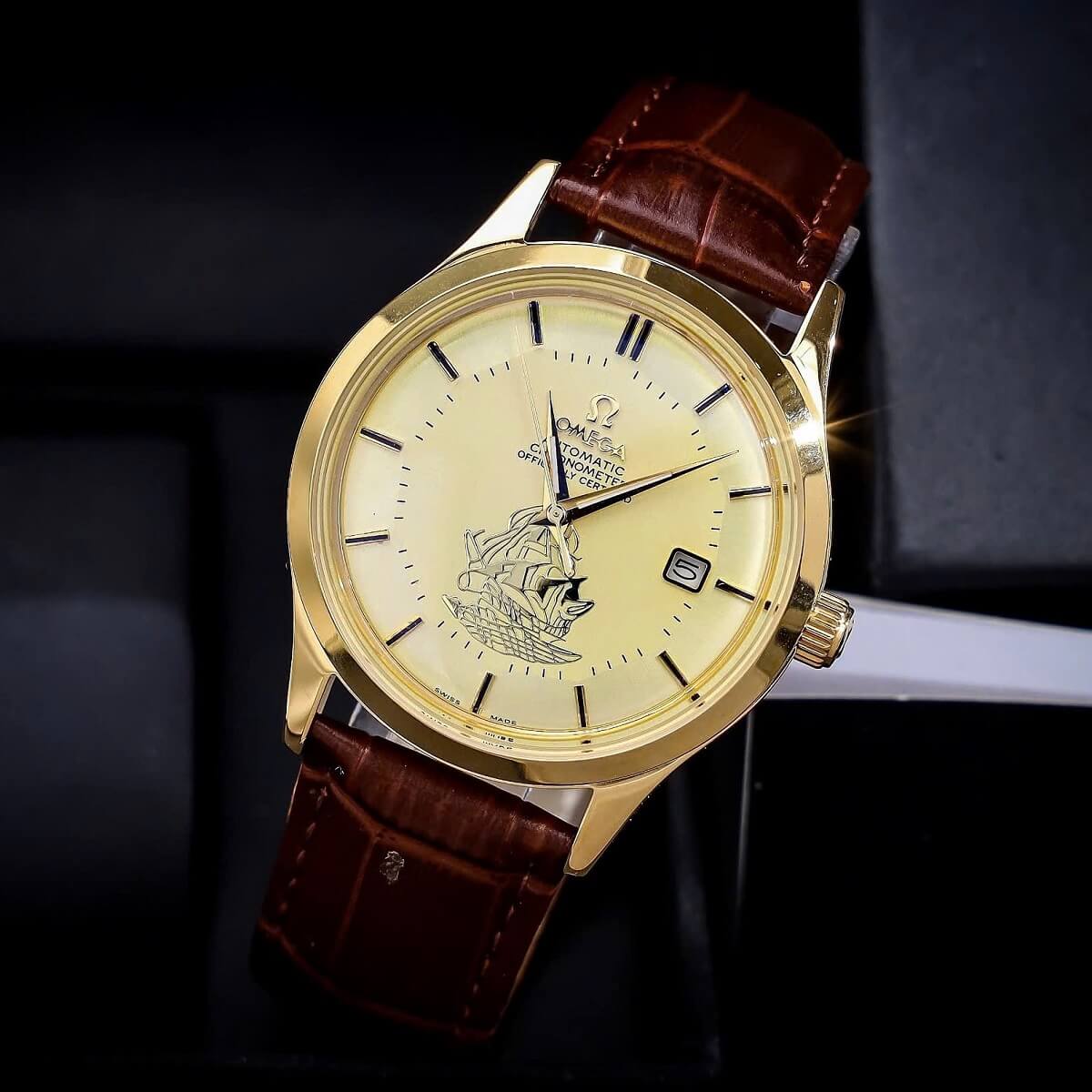 Đồng Hồ Nam Omega Thuyền Buồm Tự Động Dây Da Nâu Vỏ Gold Size 40mm
