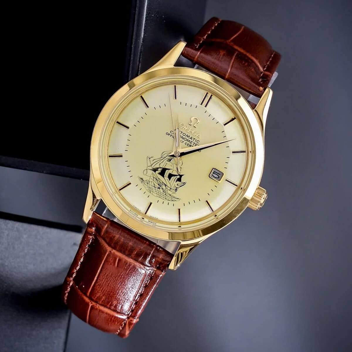 Đồng Hồ Nam Omega Thuyền Buồm Tự Động Dây Da Nâu Vỏ Gold Size 40mm