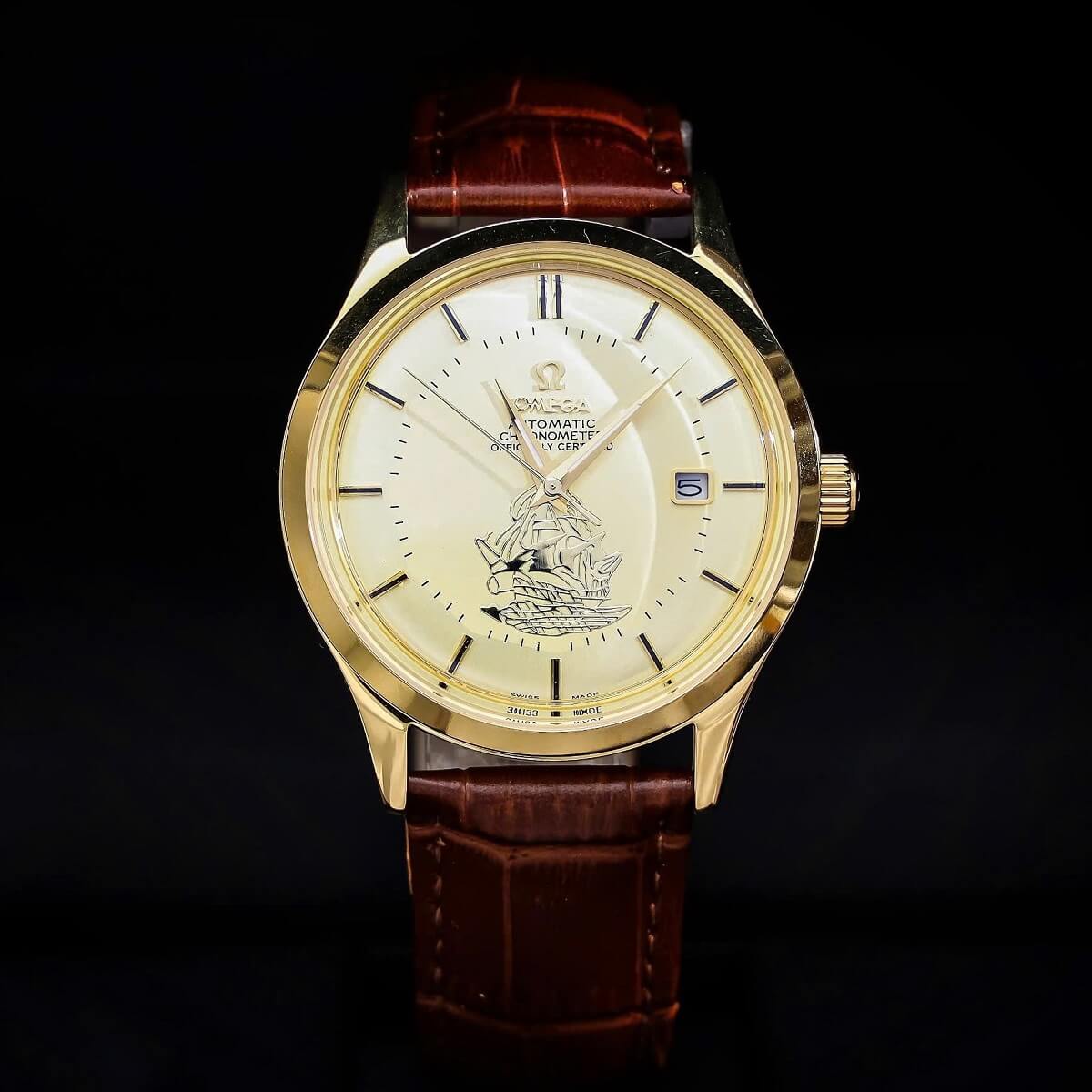 Đồng Hồ Nam Omega Thuyền Buồm Tự Động Dây Da Nâu Vỏ Gold Size 40mm
