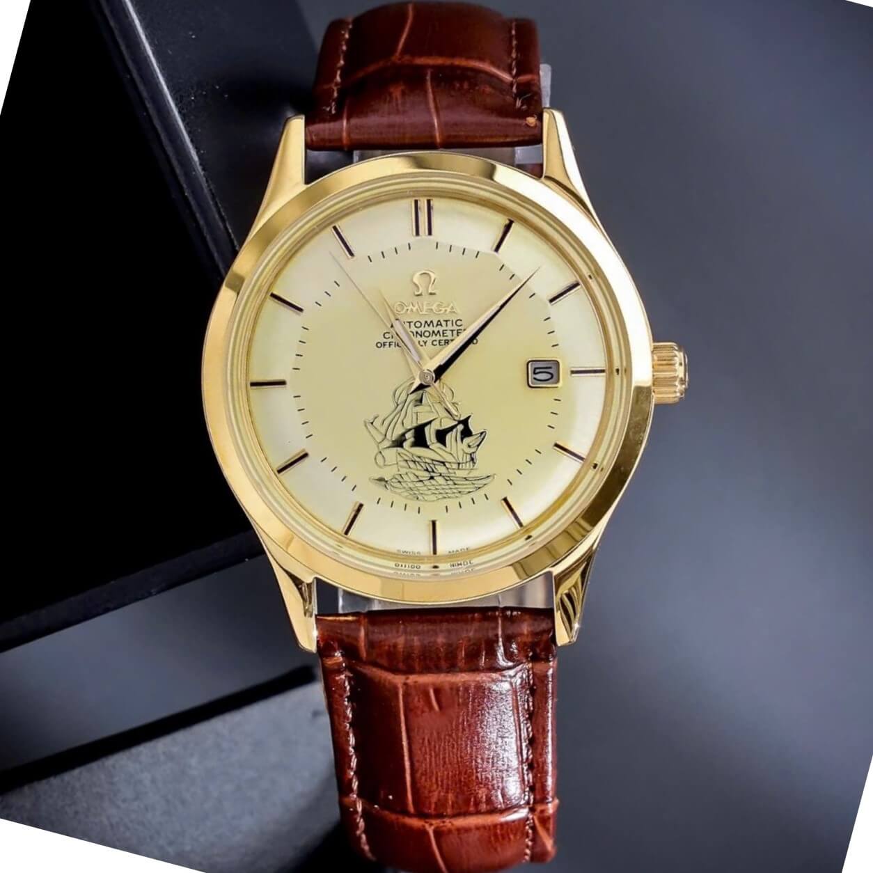Đồng Hồ Nam Omega Thuyền Buồm Tự Động Dây Da Nâu Vỏ Gold Size 40mm