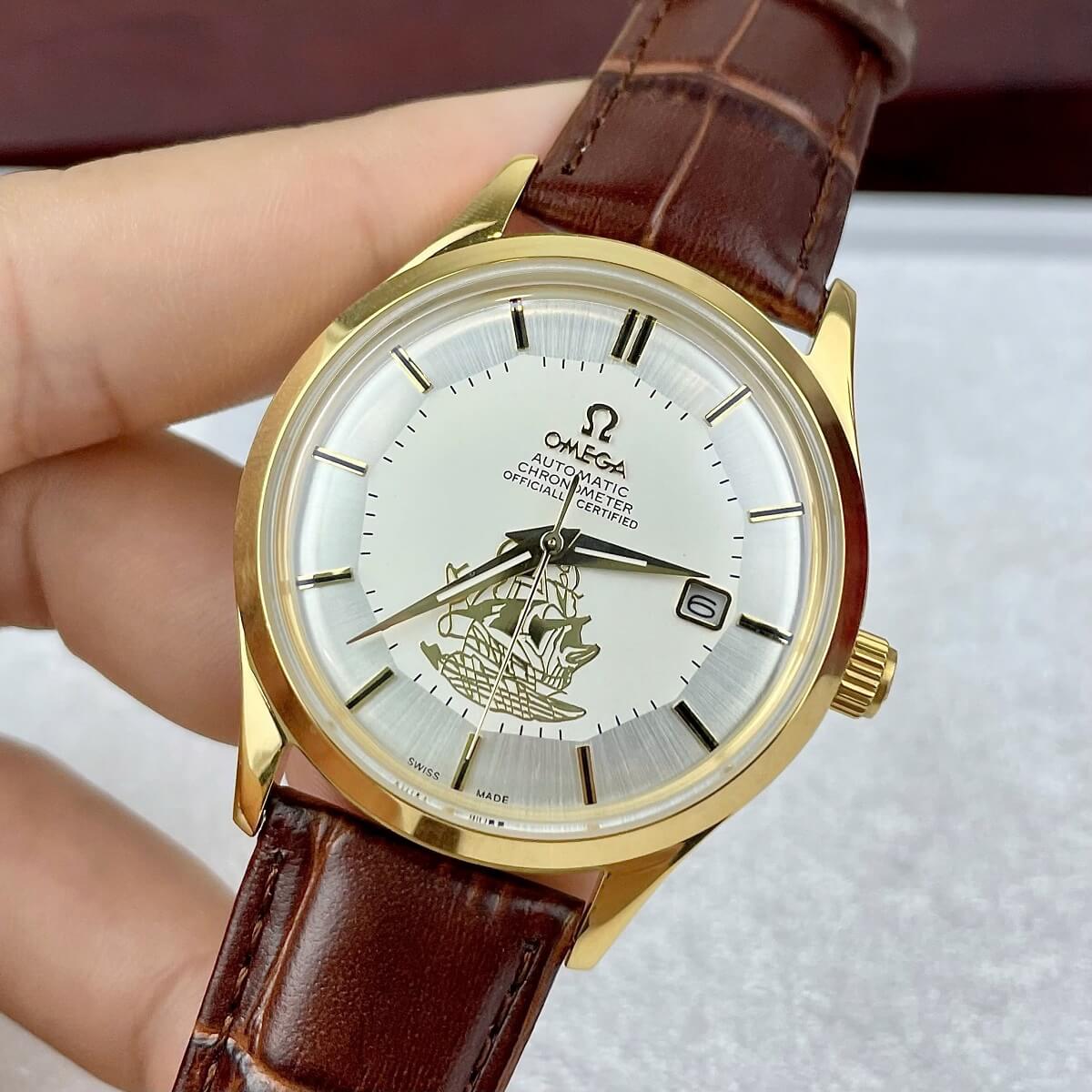 Đồng Hồ Nam Omega Thuyền Buồm Tự Động Dây Da Nâu Vỏ Gold White Size 40mm