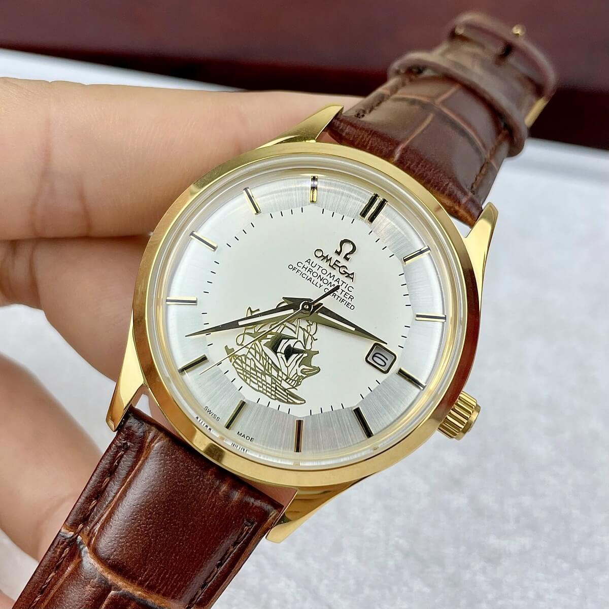 Đồng Hồ Nam Omega Thuyền Buồm Tự Động Dây Da Nâu Vỏ Gold White Size 40mm