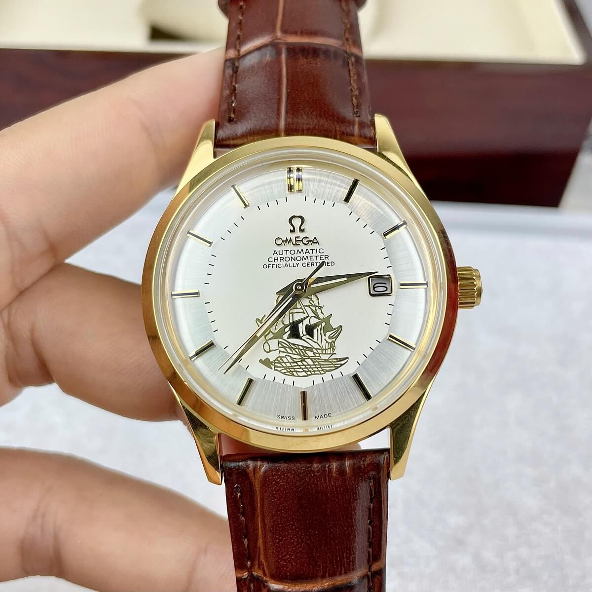 Đồng Hồ Nam Omega Thuyền Buồm Tự Động Dây Da Nâu Vỏ Gold White Size 40mm